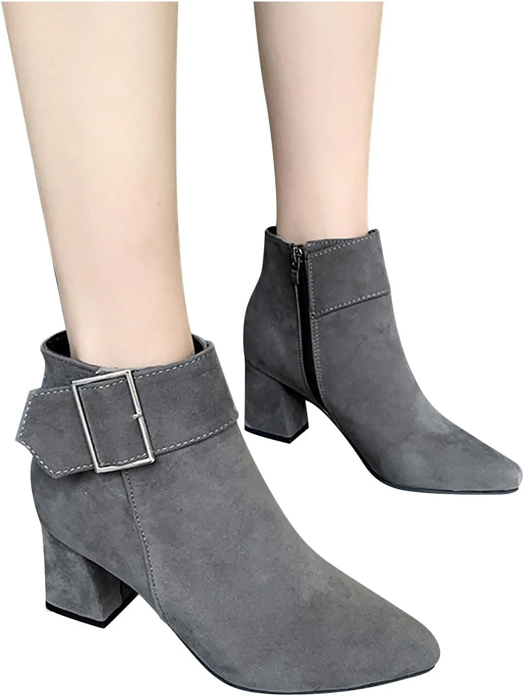 Ctreela Fashion Chunky Heel Pointed Boots Office Work Elegant Winter Ankle Boot Comfy Mid Heel Side Zip Faux Suede Booties