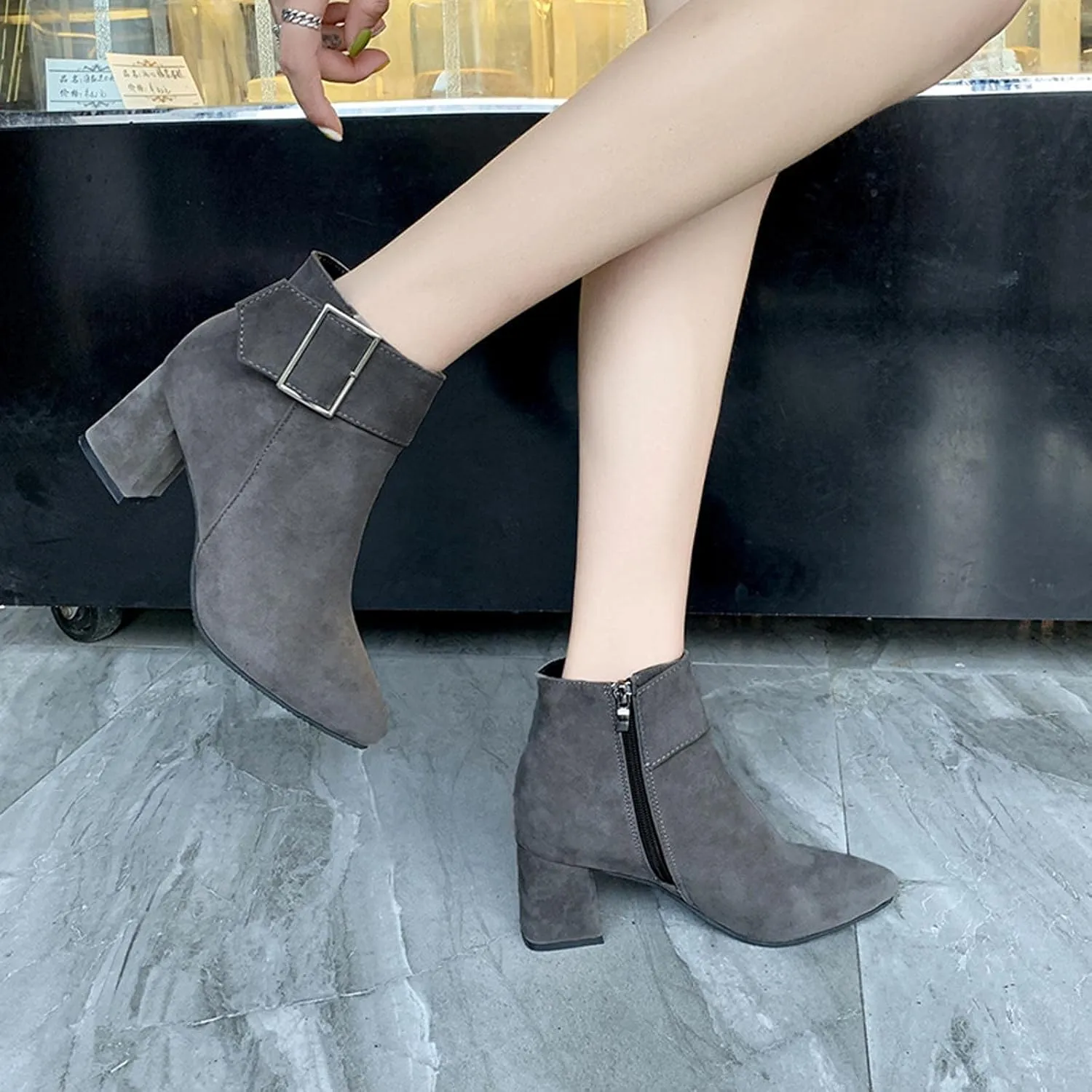Ctreela Fashion Chunky Heel Pointed Boots Office Work Elegant Winter Ankle Boot Comfy Mid Heel Side Zip Faux Suede Booties