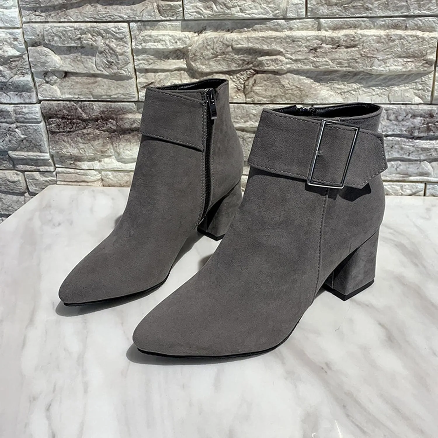 Ctreela Fashion Chunky Heel Pointed Boots Office Work Elegant Winter Ankle Boot Comfy Mid Heel Side Zip Faux Suede Booties
