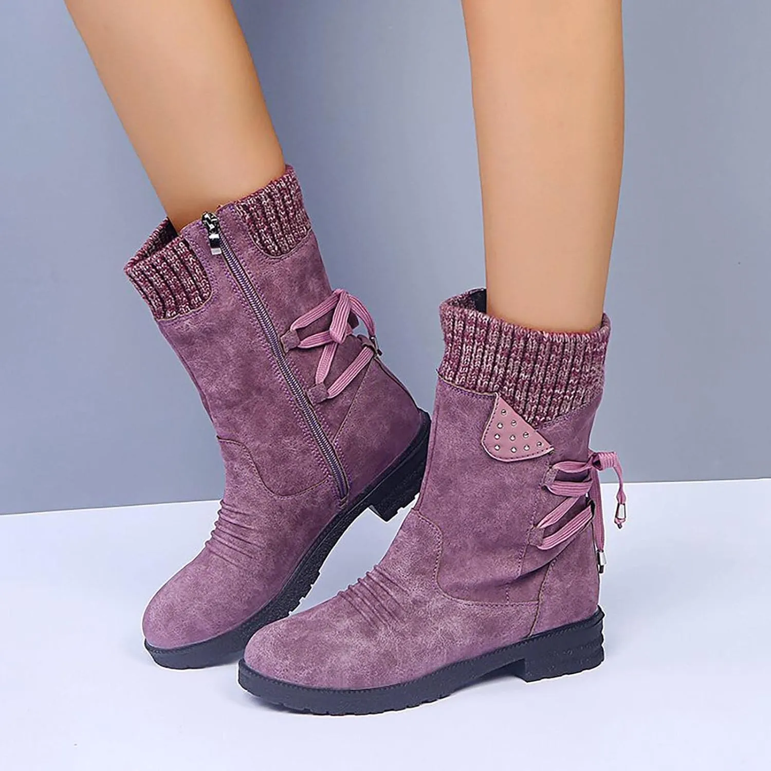Ctreela Sock Top Boot for Women Fashion Short Combat Boots Slip On Booties with Side Zipper Low Heel Winter Ankle Booties