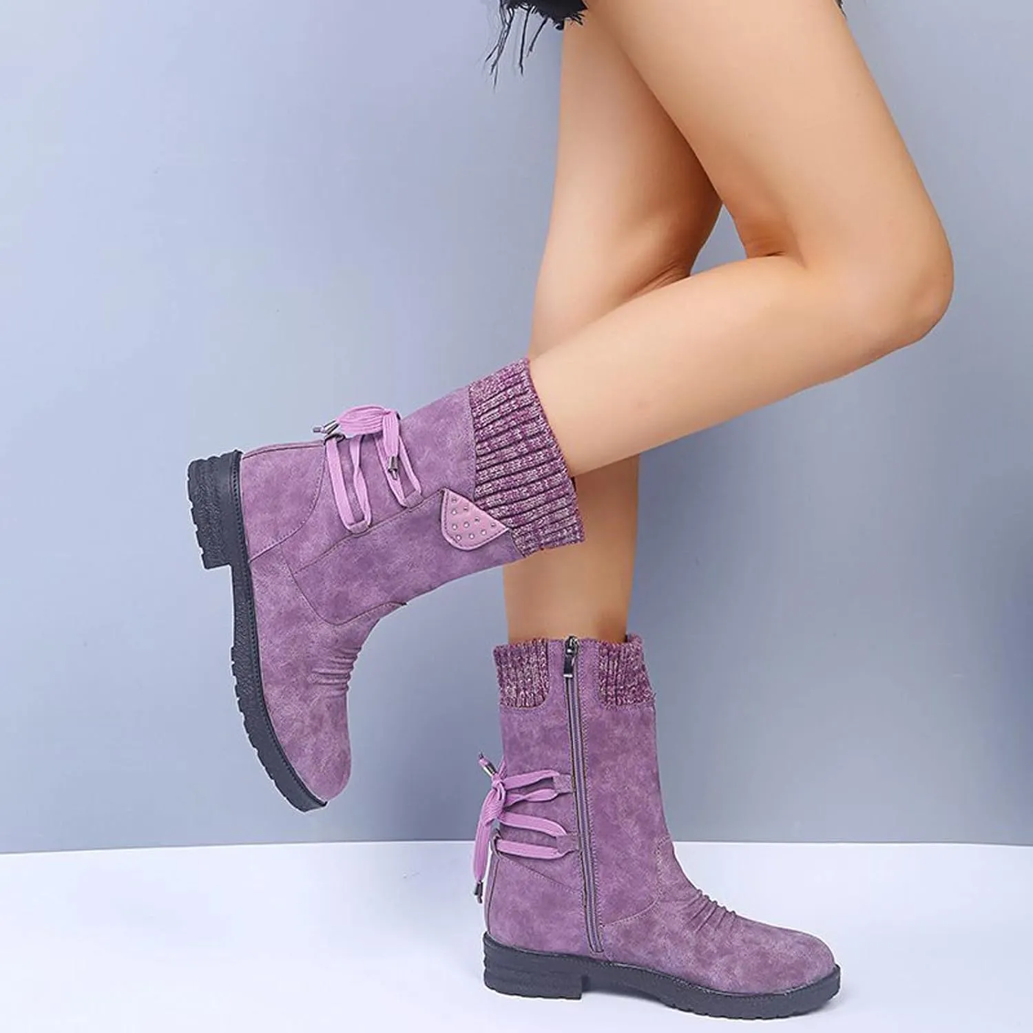 Ctreela Sock Top Boot for Women Fashion Short Combat Boots Slip On Booties with Side Zipper Low Heel Winter Ankle Booties