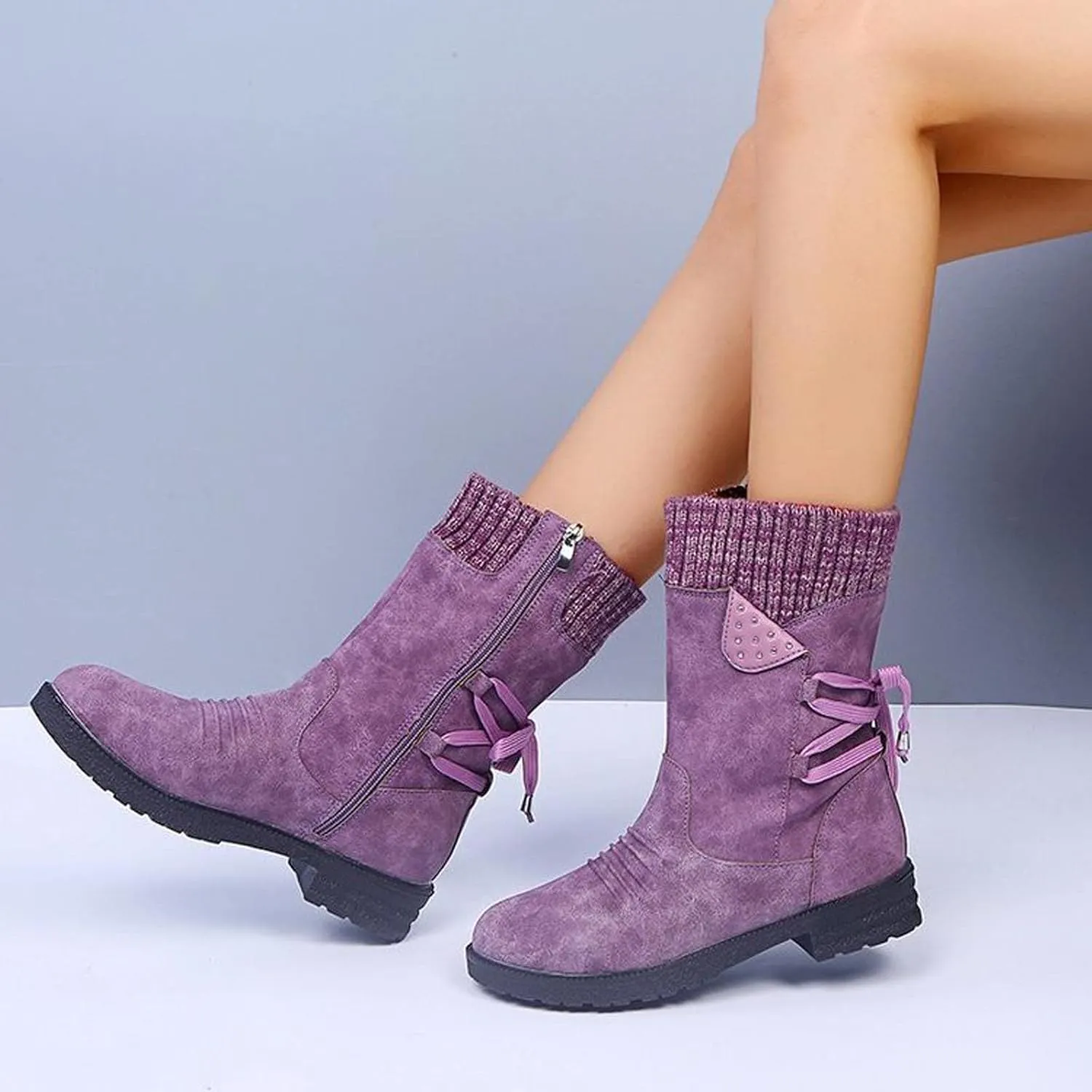 Ctreela Sock Top Boot for Women Fashion Short Combat Boots Slip On Booties with Side Zipper Low Heel Winter Ankle Booties