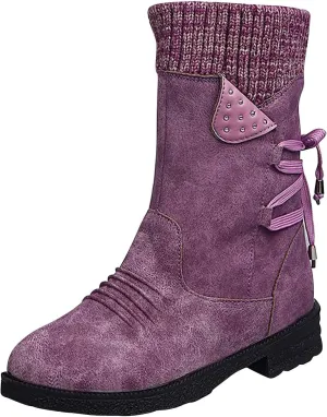 Ctreela Sock Top Boot for Women Fashion Short Combat Boots Slip On Booties with Side Zipper Low Heel Winter Ankle Booties