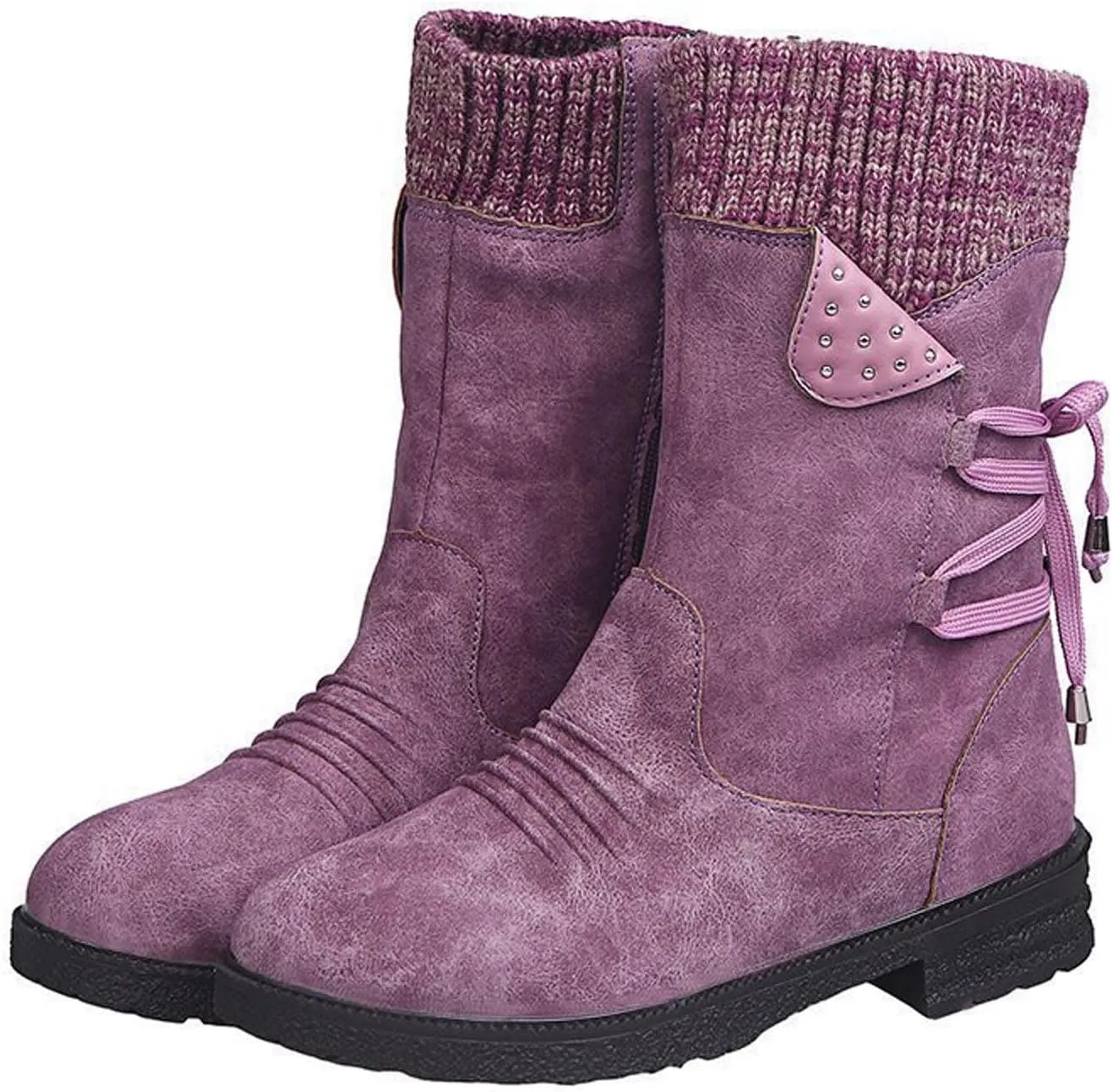Ctreela Sock Top Boot for Women Fashion Short Combat Boots Slip On Booties with Side Zipper Low Heel Winter Ankle Booties