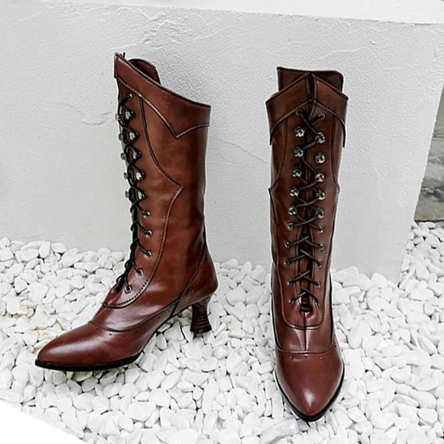 Ctreela Vintage Mid Calf Boots Western Cowboy Bootie Classic Baroque Dress Boot Gothic Knight Boots Witch Boots for Women