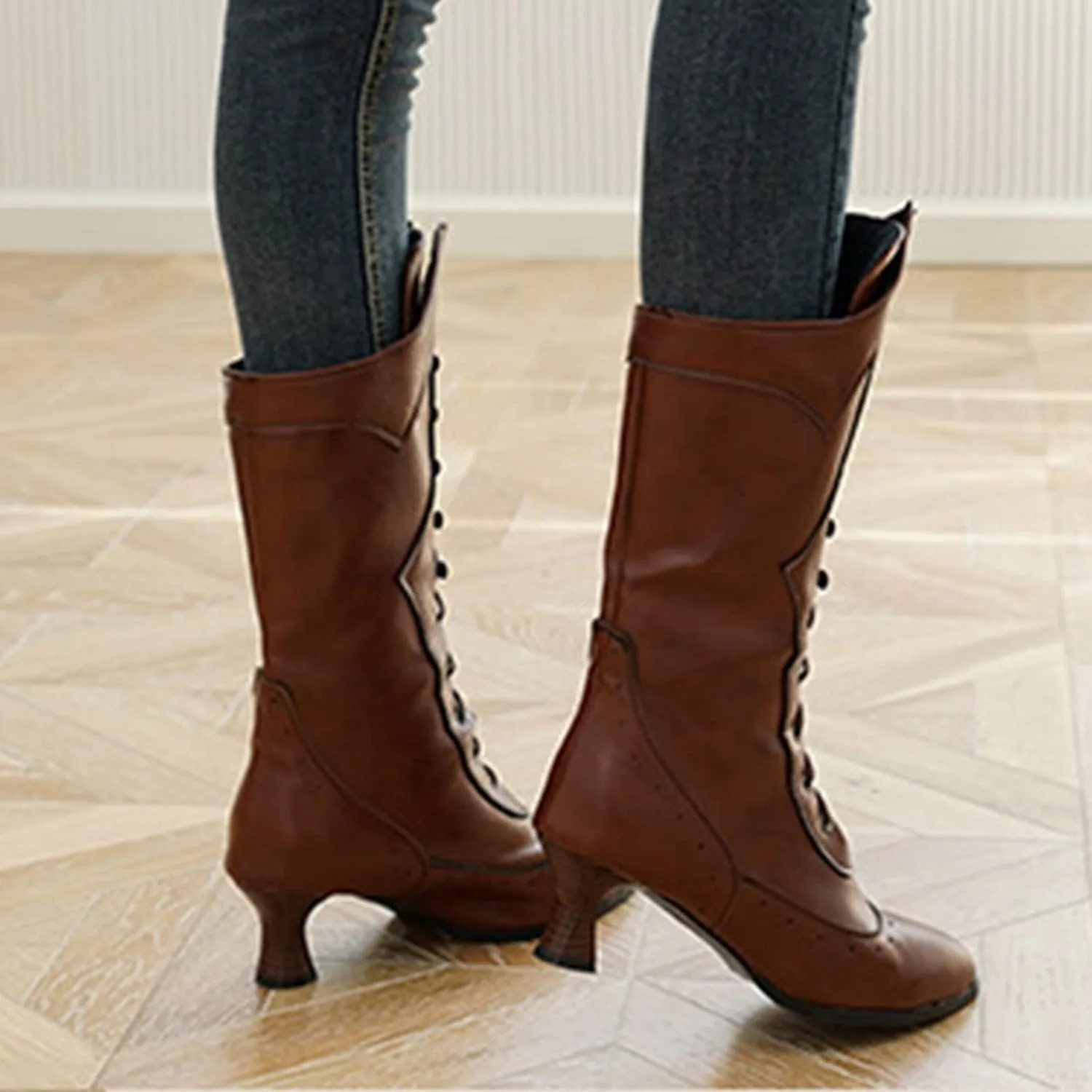 Ctreela Vintage Mid Calf Boots Western Cowboy Bootie Classic Baroque Dress Boot Gothic Knight Boots Witch Boots for Women