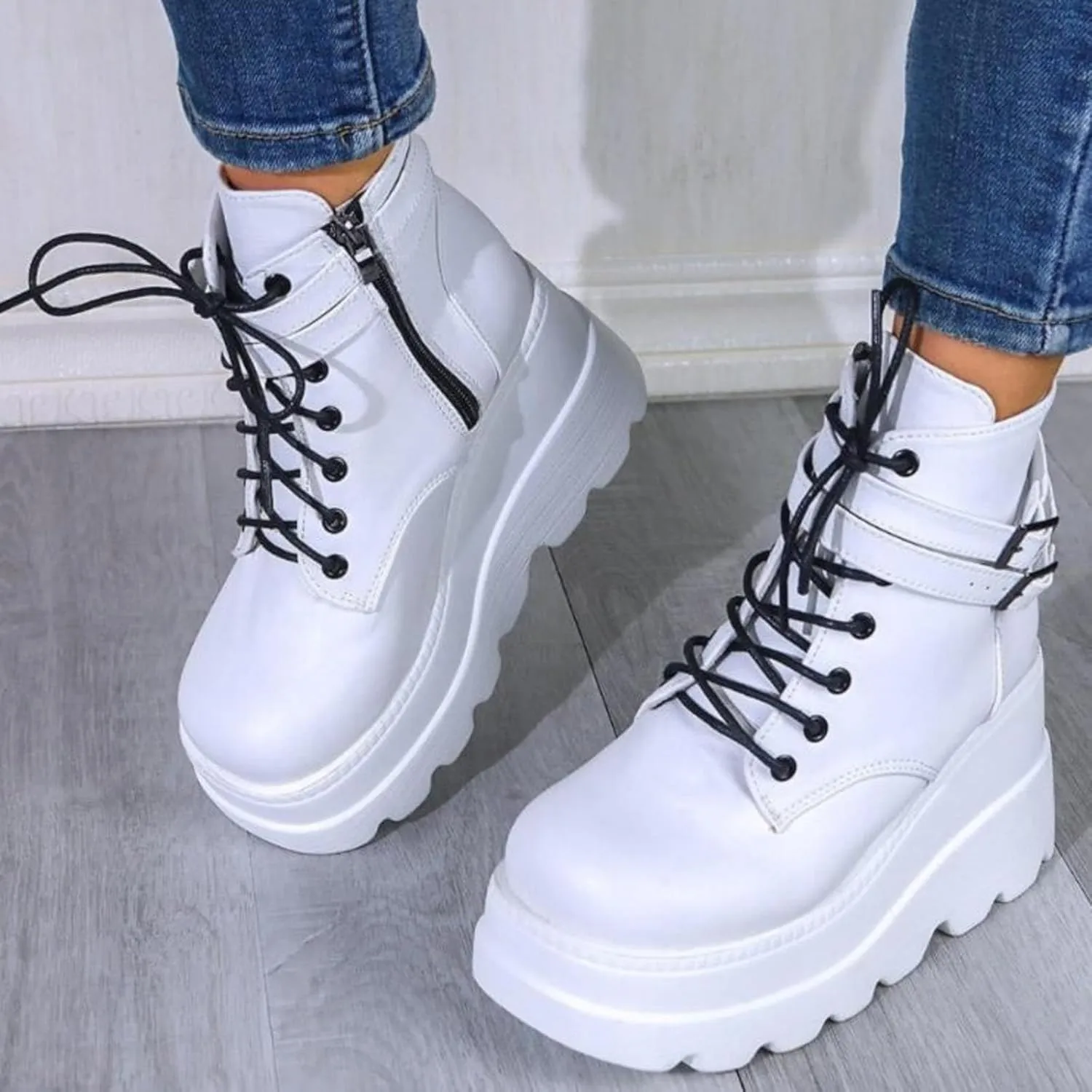Ctreela Womens Punk Platform Boots Black Goth Booties Grunge Chunky High Heel Round Toe Boots Side Zip Combat Ankle Boots