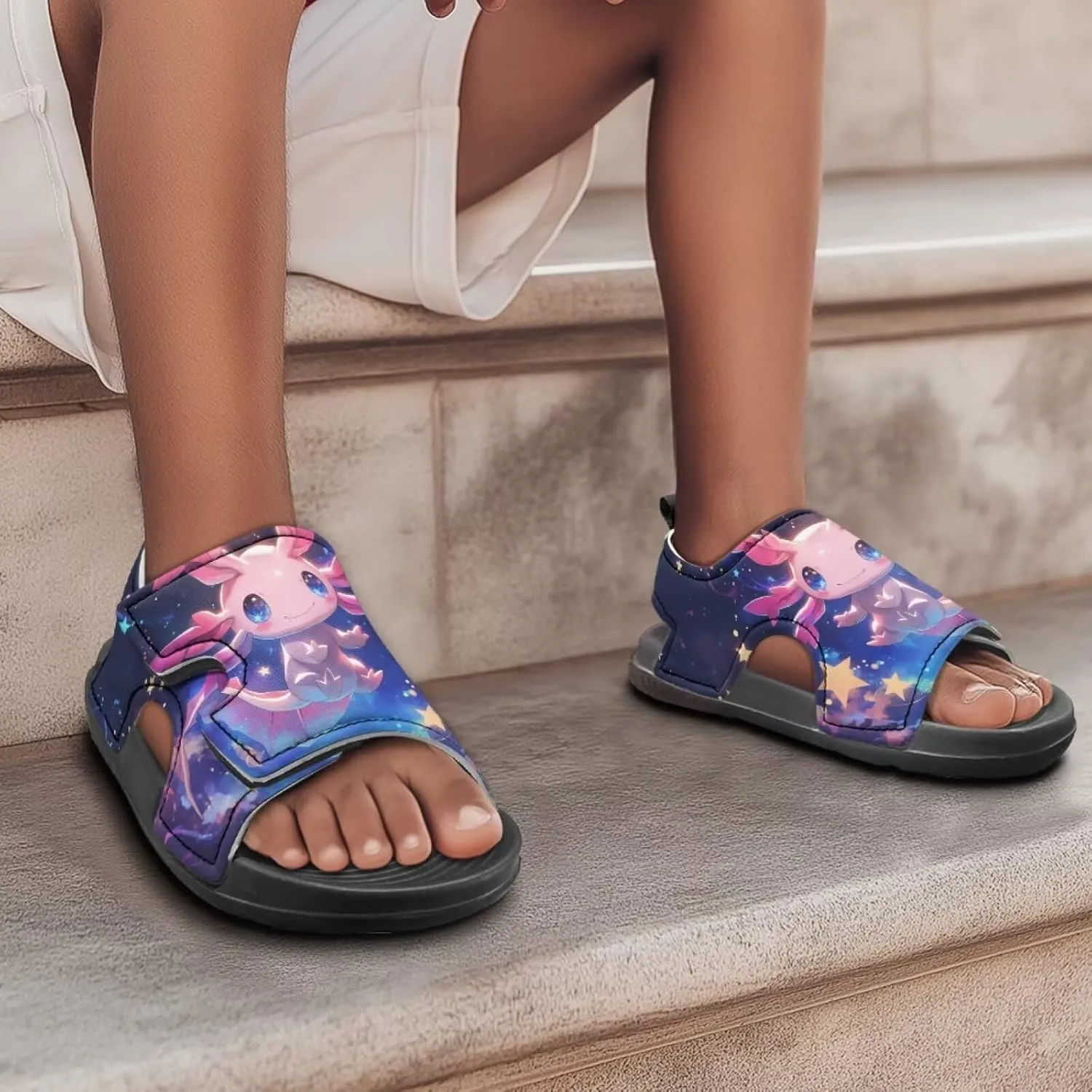 Cute Axolotl Kids Open Toe Slides Girls Boys Slip On Slide Sandals With Adjustable Strap Non-Slip Shower Shoes