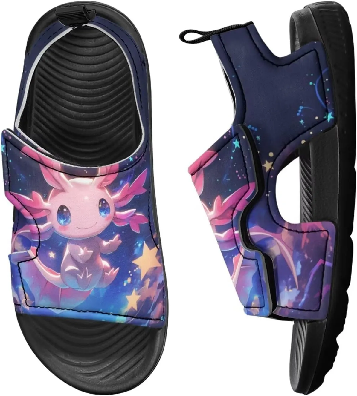 Cute Axolotl Kids Open Toe Slides Girls Boys Slip On Slide Sandals With Adjustable Strap Non-Slip Shower Shoes