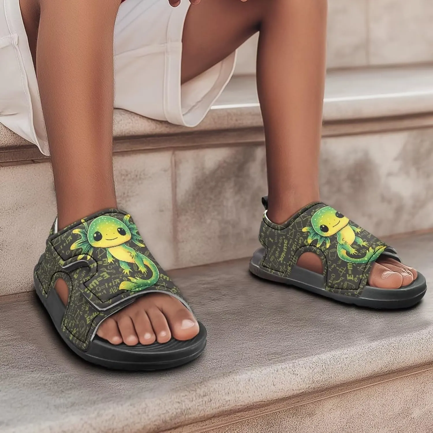 Cute Axolotl Kids Open Toe Slides Girls Boys Slip On Slide Sandals With Adjustable Strap Non-Slip Shower Shoes