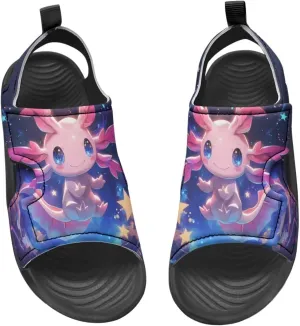 Cute Axolotl Kids Open Toe Slides Girls Boys Slip On Slide Sandals With Adjustable Strap Non-Slip Shower Shoes