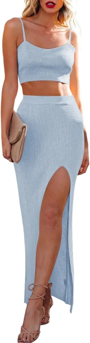 Cutiefox Women's Knit 2 Piece Dress Cami Crop Top High Side Slit Bodycon Long Skirt Set