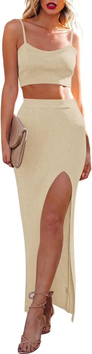 Cutiefox Women's Knit 2 Piece Dress Cami Crop Top High Side Slit Bodycon Long Skirt Set