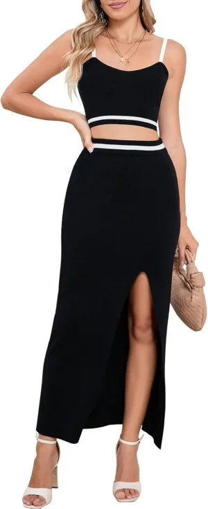 Cutiefox Women's Knit 2 Piece Dress Cami Crop Top High Side Slit Bodycon Long Skirt Set