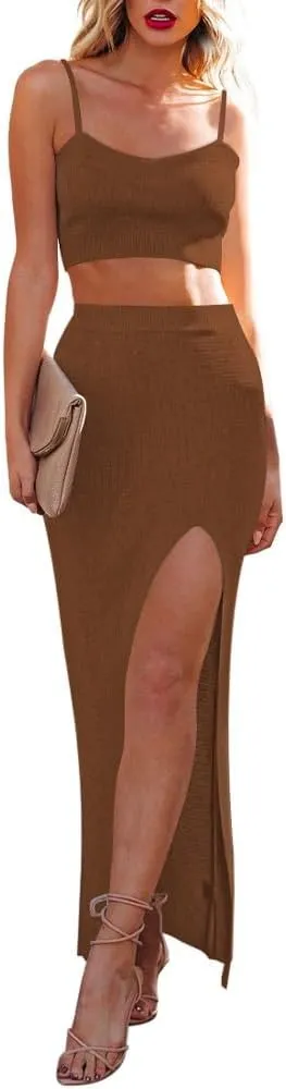 Cutiefox Women's Knit 2 Piece Dress Cami Crop Top High Side Slit Bodycon Long Skirt Set