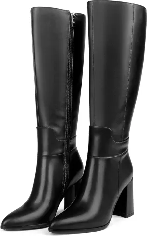 Dance&Style Women's Leather Boots Block Heels Shoes Fall Boots Knee High 30-Black 10.5 US
