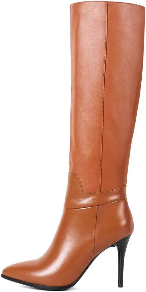 Dance&Style Women's Leather Boots Middle Thin Heels Shoes Zipper Knee High Boots