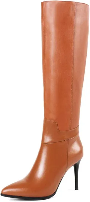 Dance&Style Women's Leather Boots Middle Thin Heels Shoes Zipper Knee High Boots