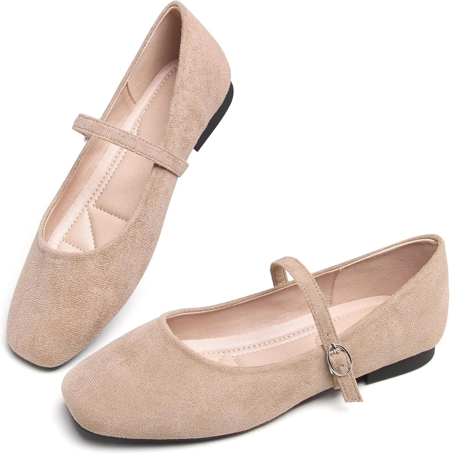Dear Time Women's Comfortable Mary Jane Flats Soft Flats Square Toe Casual Ballet Flats with Ankle Strap