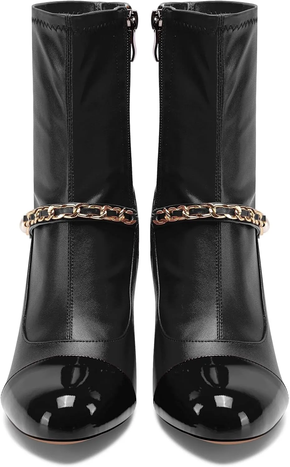 DearOnly Womens Block Heel Dress Patchwork Metal Chain Slip-on Ankle Boots Short Bootie Cute Pearls Round Toe Prom Casual Zipper Boots