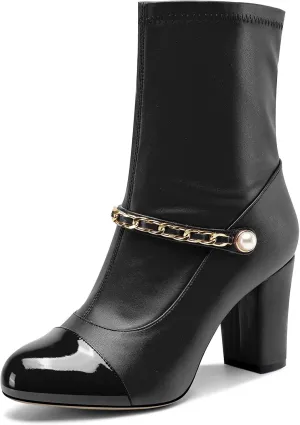 DearOnly Womens Block Heel Dress Patchwork Metal Chain Slip-on Ankle Boots Short Bootie Cute Pearls Round Toe Prom Casual Zipper Boots