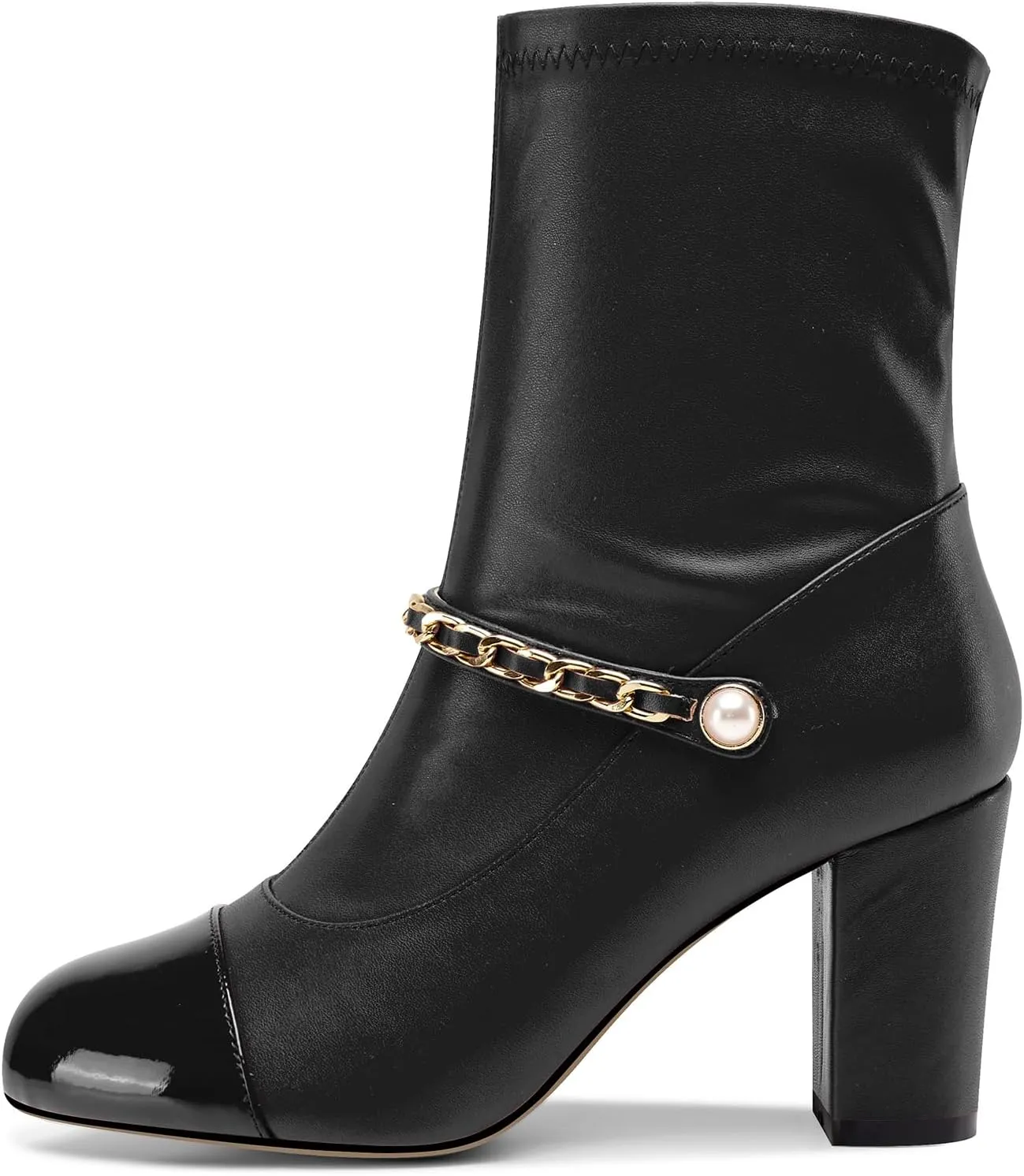 DearOnly Womens Block Heel Dress Patchwork Metal Chain Slip-on Ankle Boots Short Bootie Cute Pearls Round Toe Prom Casual Zipper Boots