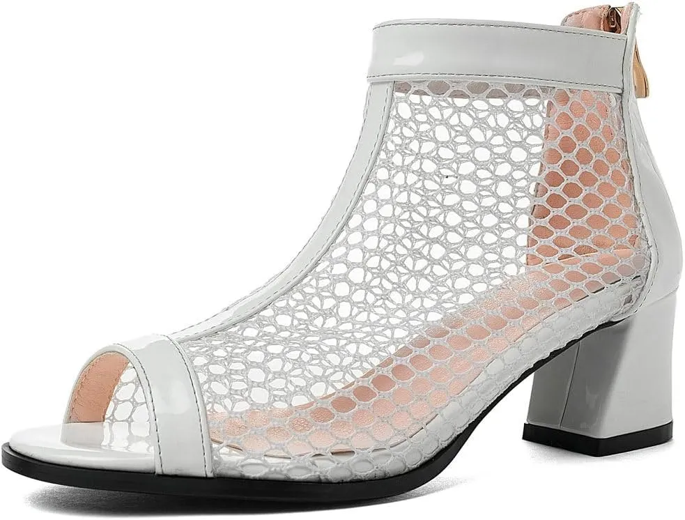 DINTAHA Mesh Open Toe Chunky Heel Booties Peep Toe Ankle Boots Low Heel Summer Boots