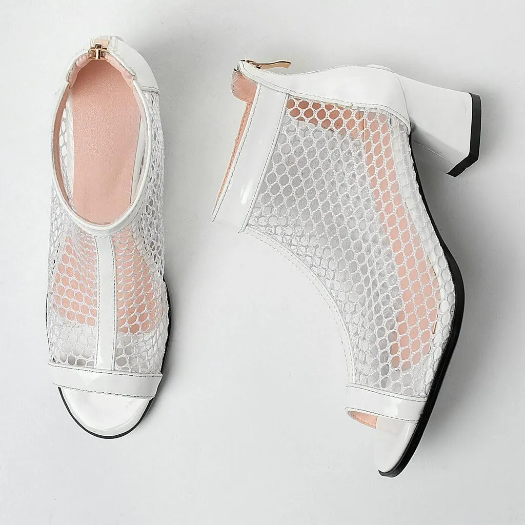 DINTAHA Mesh Open Toe Chunky Heel Booties Peep Toe Ankle Boots Low Heel Summer Boots