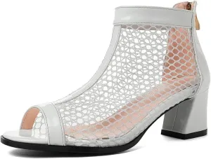 DINTAHA Mesh Open Toe Chunky Heel Booties Peep Toe Ankle Boots Low Heel Summer Boots