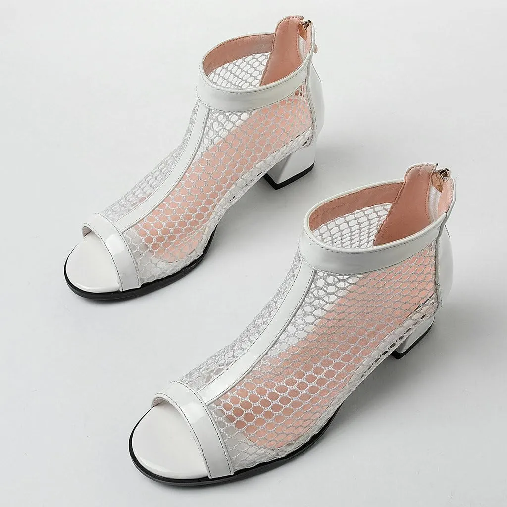 DINTAHA Mesh Open Toe Chunky Heel Booties Peep Toe Ankle Boots Low Heel Summer Boots