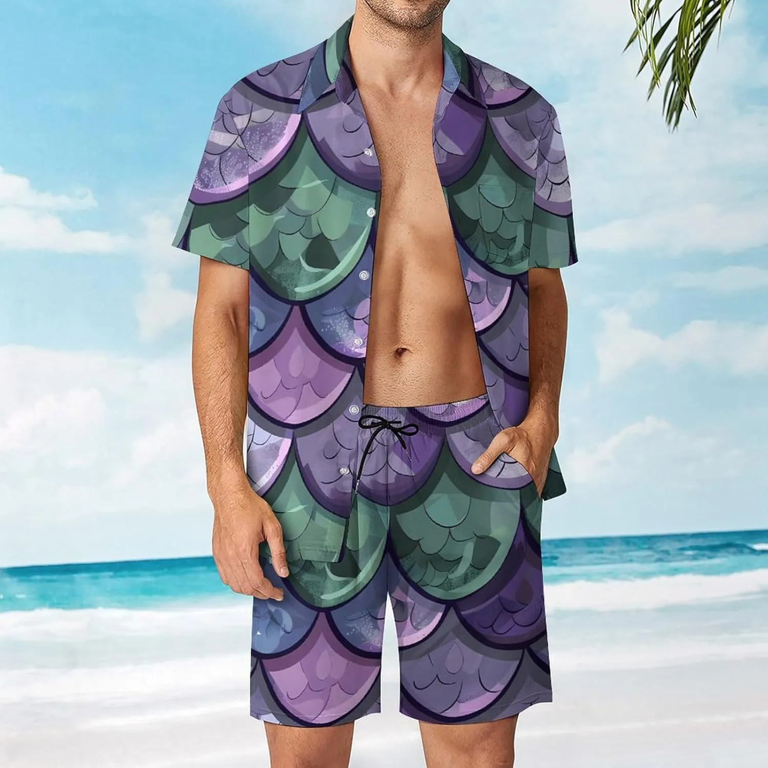 Dragon Scales Texture Men's Hawaiian Set Casual Short Sleeve Shirt And Shorts Suits Outfits Beach Shirt 2 Piece