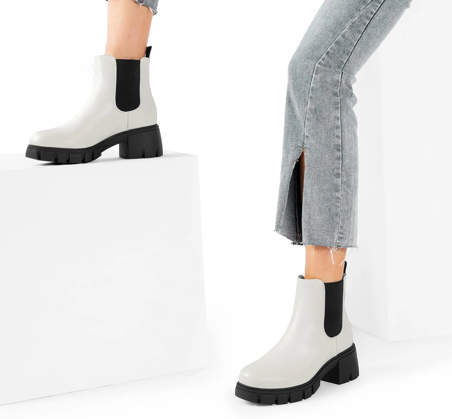 DREAM PAIRS Women's Elastic Chelsea Ankle Boots Platform Low Chunky Block Heel Lug Sole Slip on Fall Heeled Booties Shoes