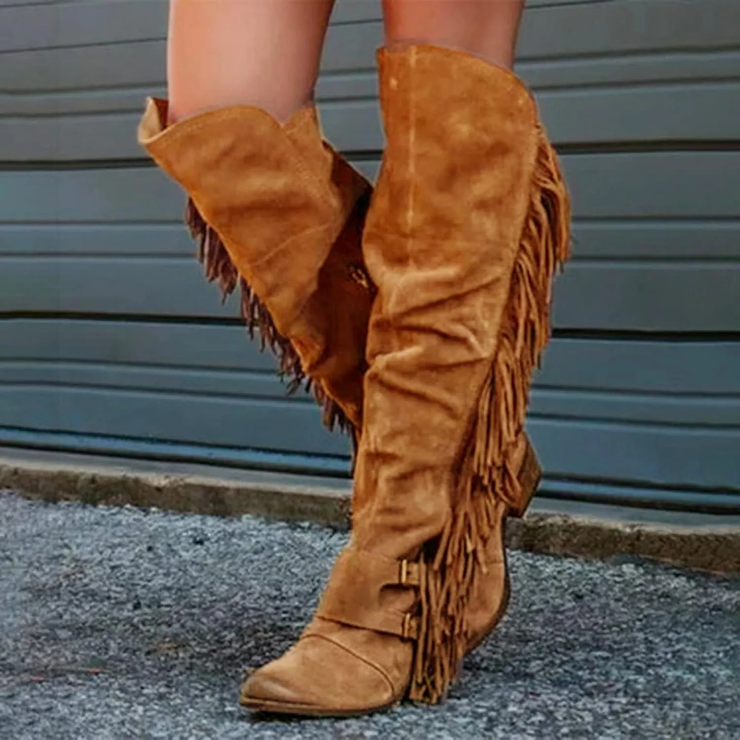Eduavar Cowboy Boots for Women Cowboy Style, Cowgirl Boots Women Wide Calf Low Heel Fringes Boots Lassy Tassel Western Boots