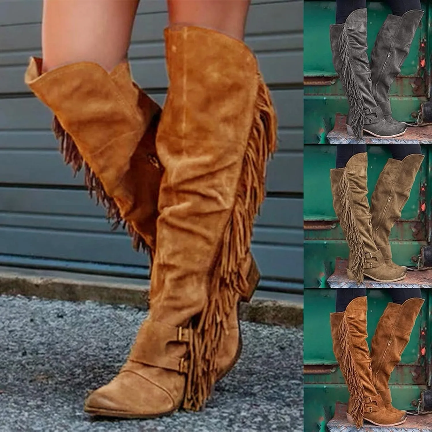 Eduavar Cowboy Boots for Women Cowboy Style, Cowgirl Boots Women Wide Calf Low Heel Fringes Boots Lassy Tassel Western Boots