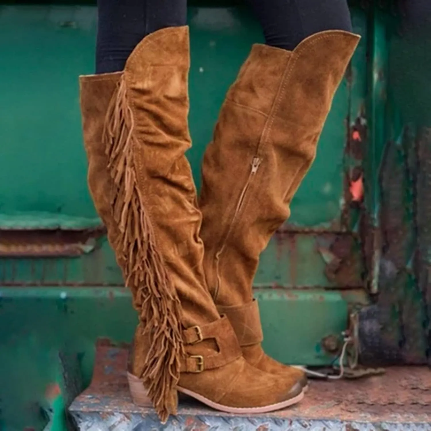 Eduavar Cowboy Boots for Women Cowboy Style, Cowgirl Boots Women Wide Calf Low Heel Fringes Boots Lassy Tassel Western Boots