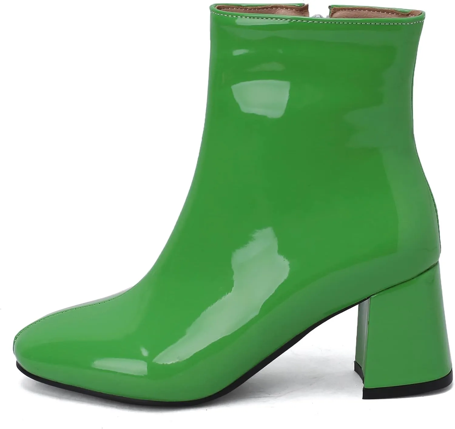 Elbslutt Women's Chunky Heeled Booties Patent Leather Square Toe Ankle Boots Zip Up Block Heel Wide Calf Short Boots