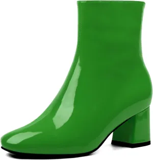 Elbslutt Women's Chunky Heeled Booties Patent Leather Square Toe Ankle Boots Zip Up Block Heel Wide Calf Short Boots