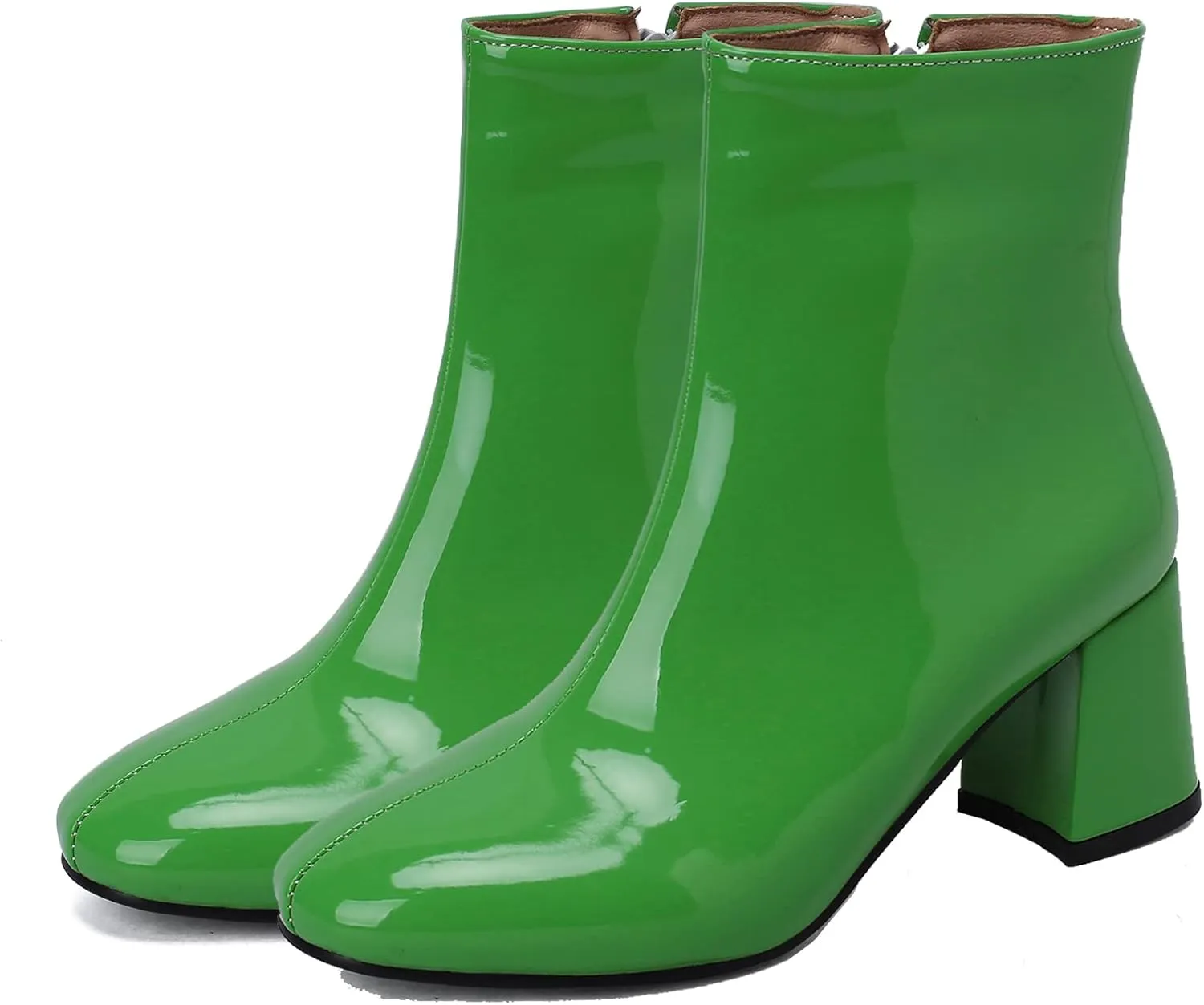 Elbslutt Women's Chunky Heeled Booties Patent Leather Square Toe Ankle Boots Zip Up Block Heel Wide Calf Short Boots