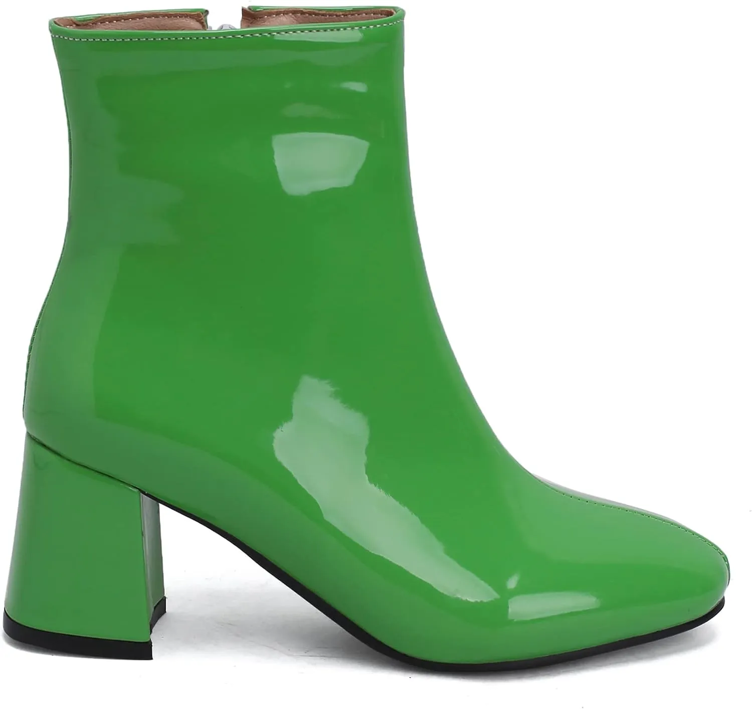 Elbslutt Women's Chunky Heeled Booties Patent Leather Square Toe Ankle Boots Zip Up Block Heel Wide Calf Short Boots