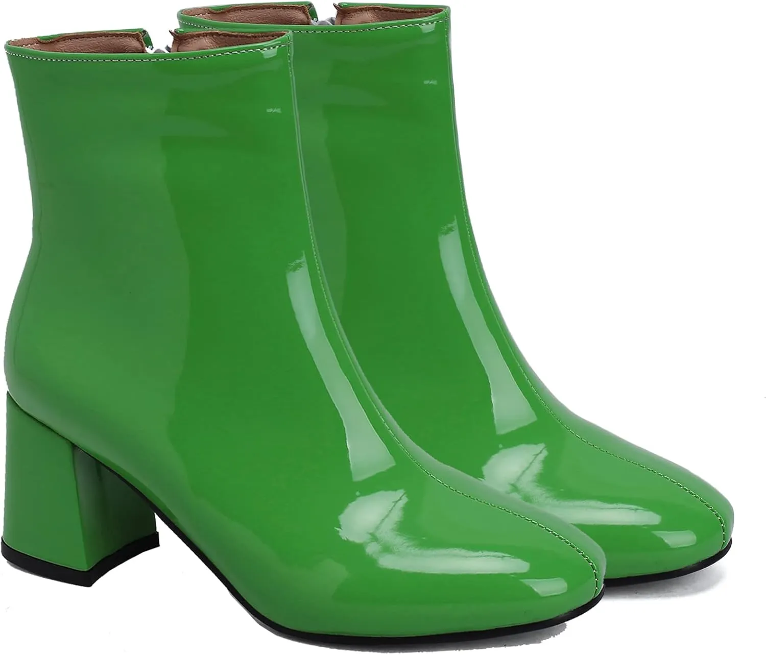 Elbslutt Women's Chunky Heeled Booties Patent Leather Square Toe Ankle Boots Zip Up Block Heel Wide Calf Short Boots