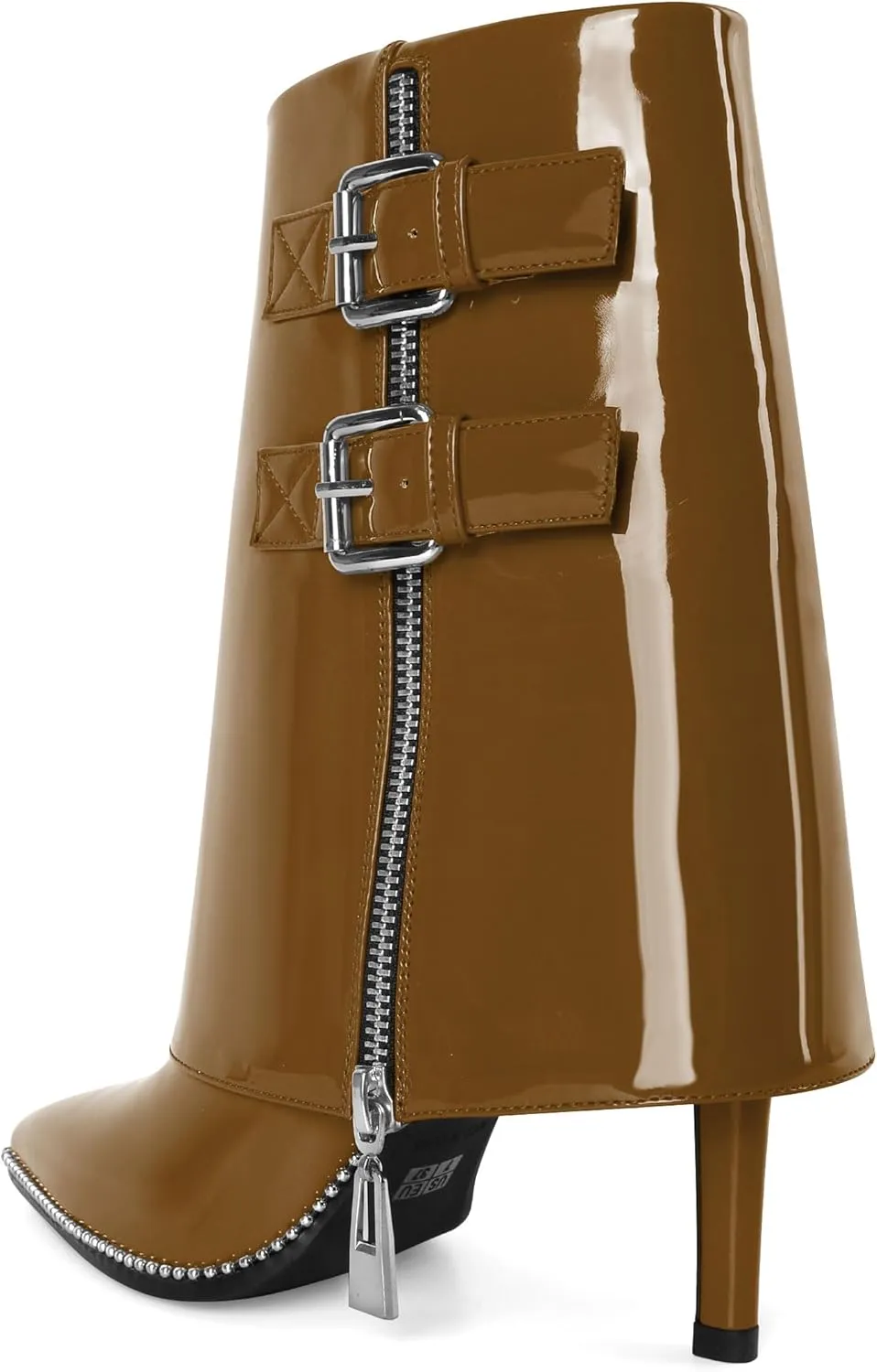 Eldof Ankle Boots for Women Fold Over Stiletto High Heel Pointed Toe Beaded Fall Short Booties Buckle Strap Side Zipper 3.5 Inches