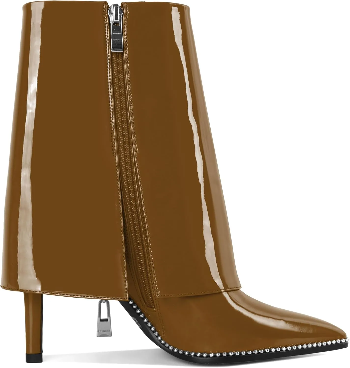 Eldof Ankle Boots for Women Fold Over Stiletto High Heel Pointed Toe Beaded Fall Short Booties Buckle Strap Side Zipper 3.5 Inches