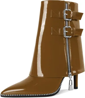 Eldof Ankle Boots for Women Fold Over Stiletto High Heel Pointed Toe Beaded Fall Short Booties Buckle Strap Side Zipper 3.5 Inches