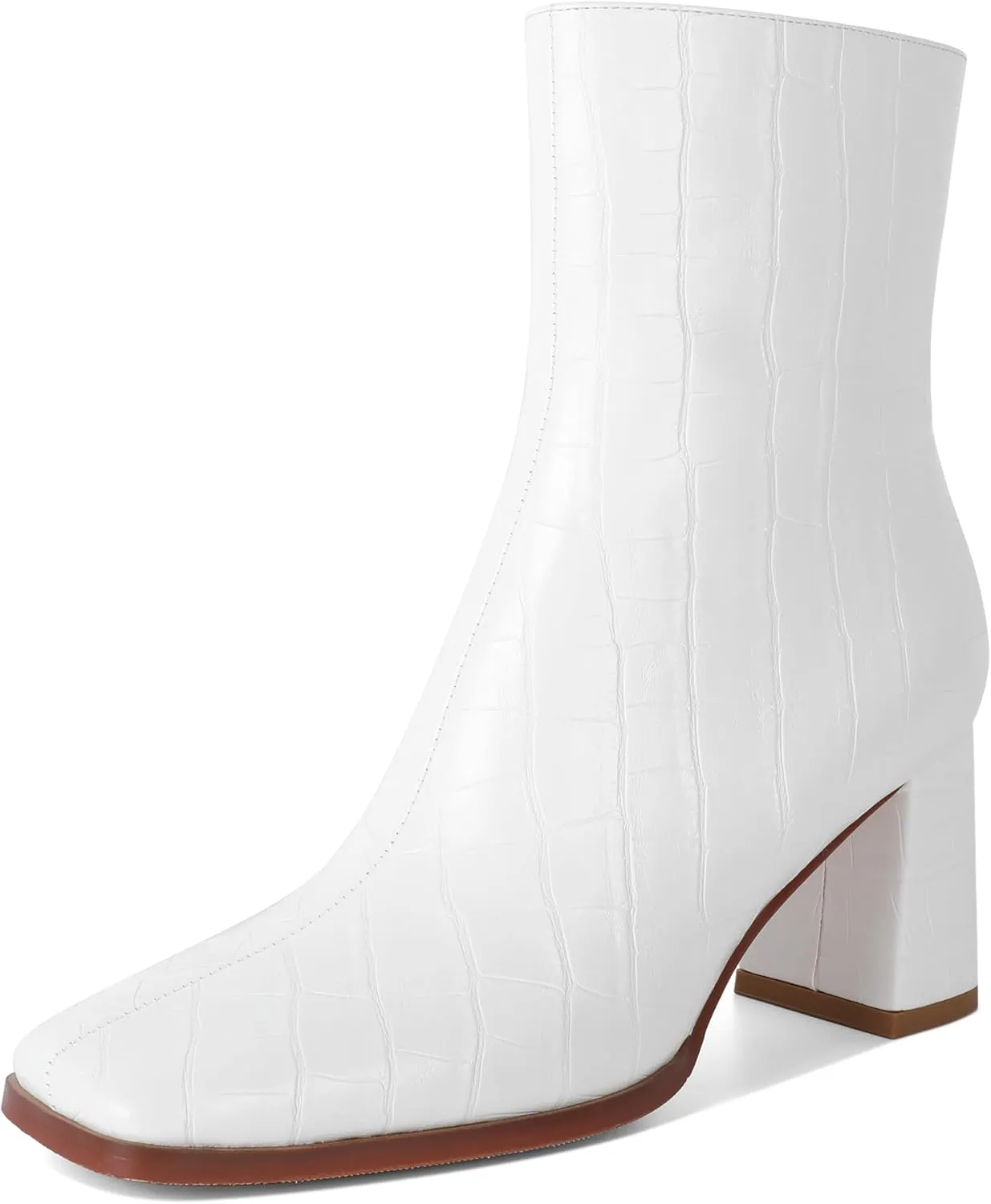 Eldof Ankle Boots Women Chunky Heel Square Toe High Heeled Gogo Short Booties Side Zipper 3 Inches