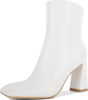 Eldof Square Toe Ankle Boots for Women Block Heel Chunky Gogo Boots High Heeled Short Booties Side Zipper 3 Inches