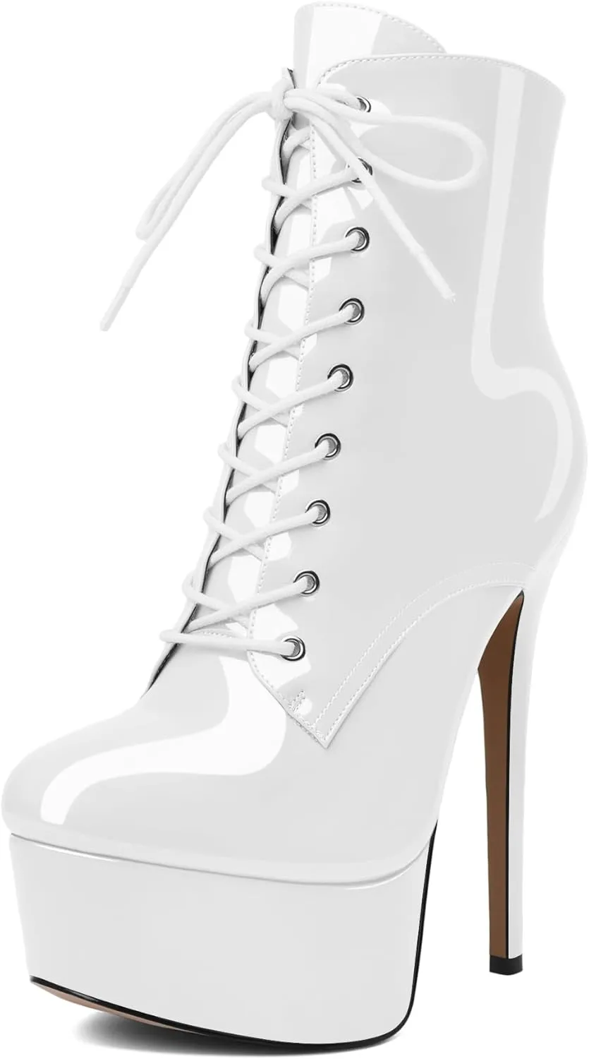 Esvowido Women's Ankle Booties Lace Up Boots Platform High Heel Round Toe Stilettos Short Boots with Side Zipper Sexy Ankle Boots