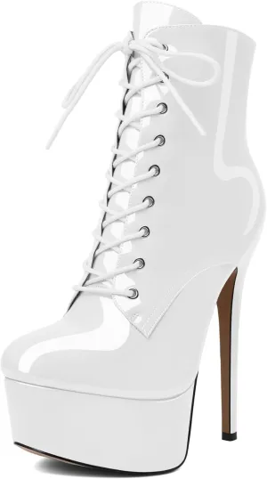 Esvowido Women's Ankle Booties Lace Up Boots Platform High Heel Round Toe Stilettos Short Boots with Side Zipper Sexy Ankle Boots