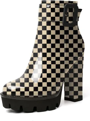 Esvowido Women's Platform Ankle Boots Round Toe Lug Sole Buckle Booties Chunky Block High Heels Side Zipper with Fur Winter Short Boots