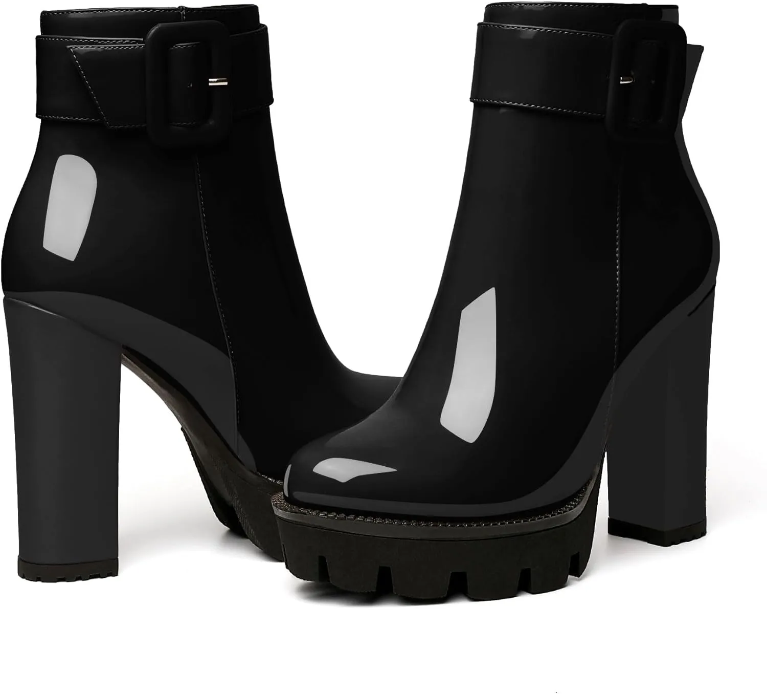 Esvowido Women's Platform Ankle Boots Round Toe Lug Sole Buckle Booties Chunky Block High Heels Side Zipper with Fur Winter Short Boots
