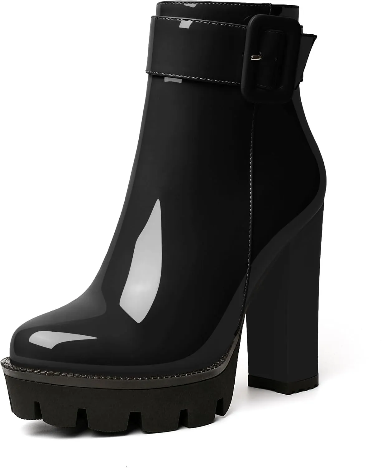 Esvowido Women's Platform Ankle Boots Round Toe Lug Sole Buckle Booties Chunky Block High Heels Side Zipper with Fur Winter Short Boots